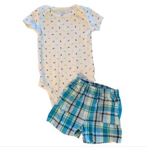 🍁2/$7🍁JUST ONE YOU Summer Tractor Plaid Onesie Shorts Outfit